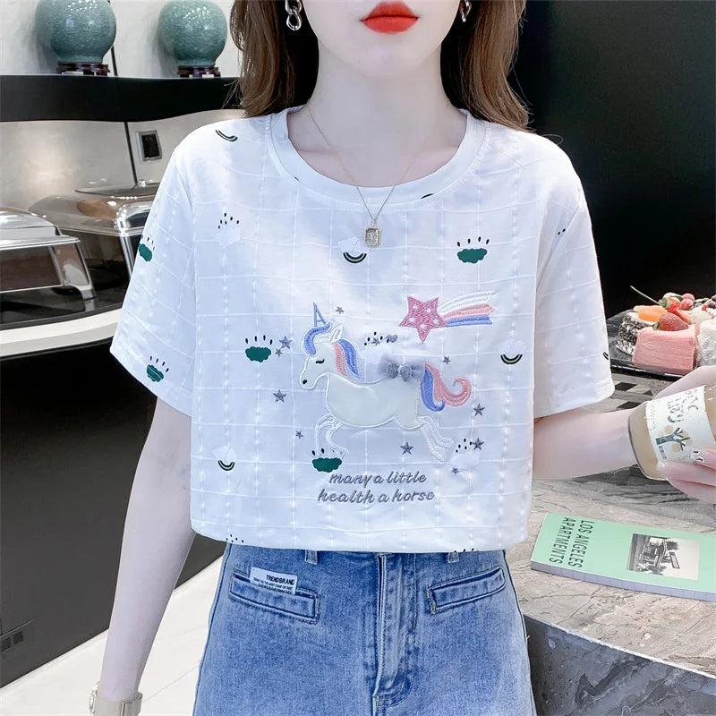 Short-sleeved T-shirt for women 2025 summer new embroidered loose versatile fashionable round neck printed pullover top
