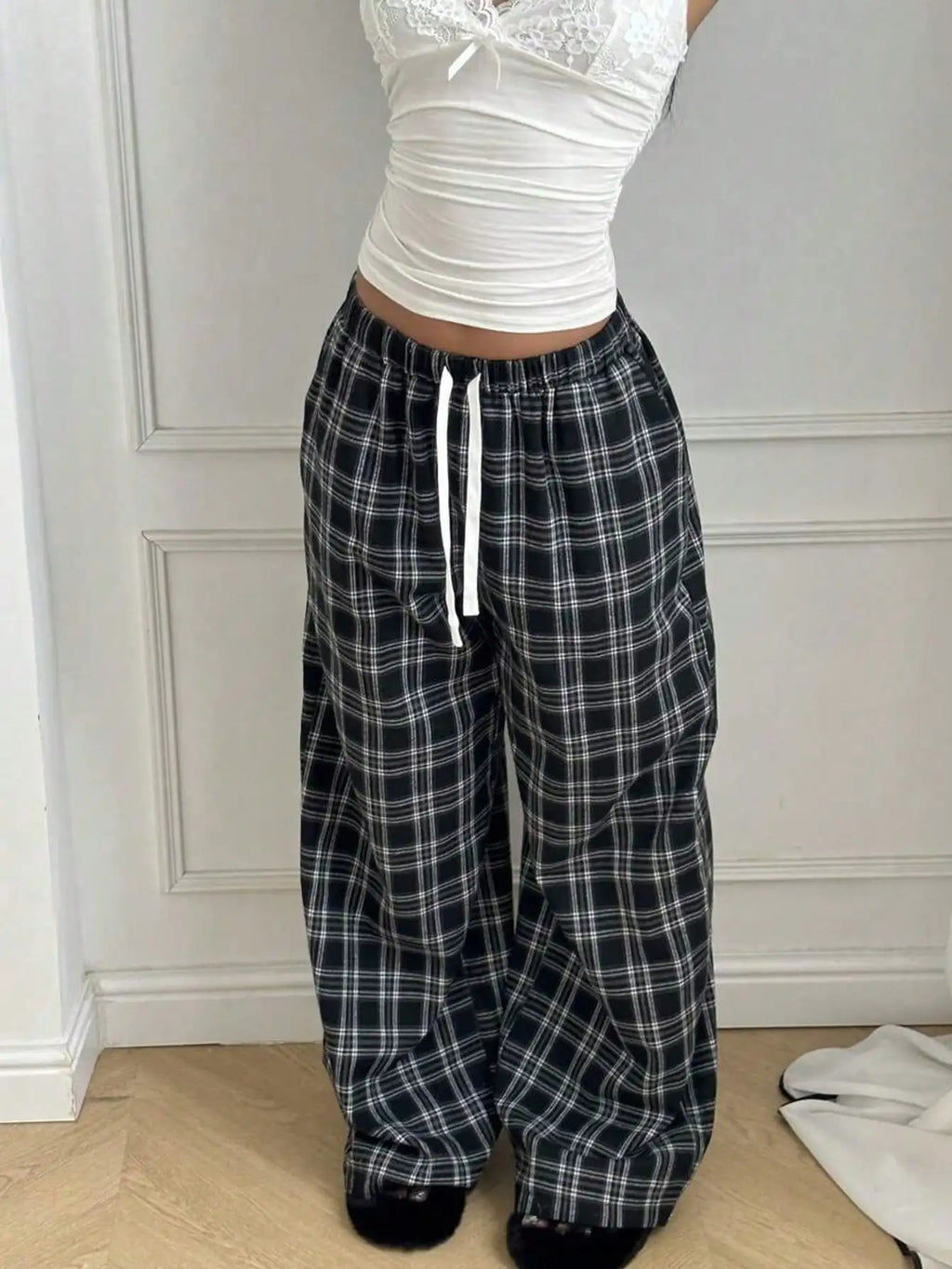 Plaid Pants for Women, High Waist Drawstring Wide Leg Trousers, Casual Streetwear Lounge Pants