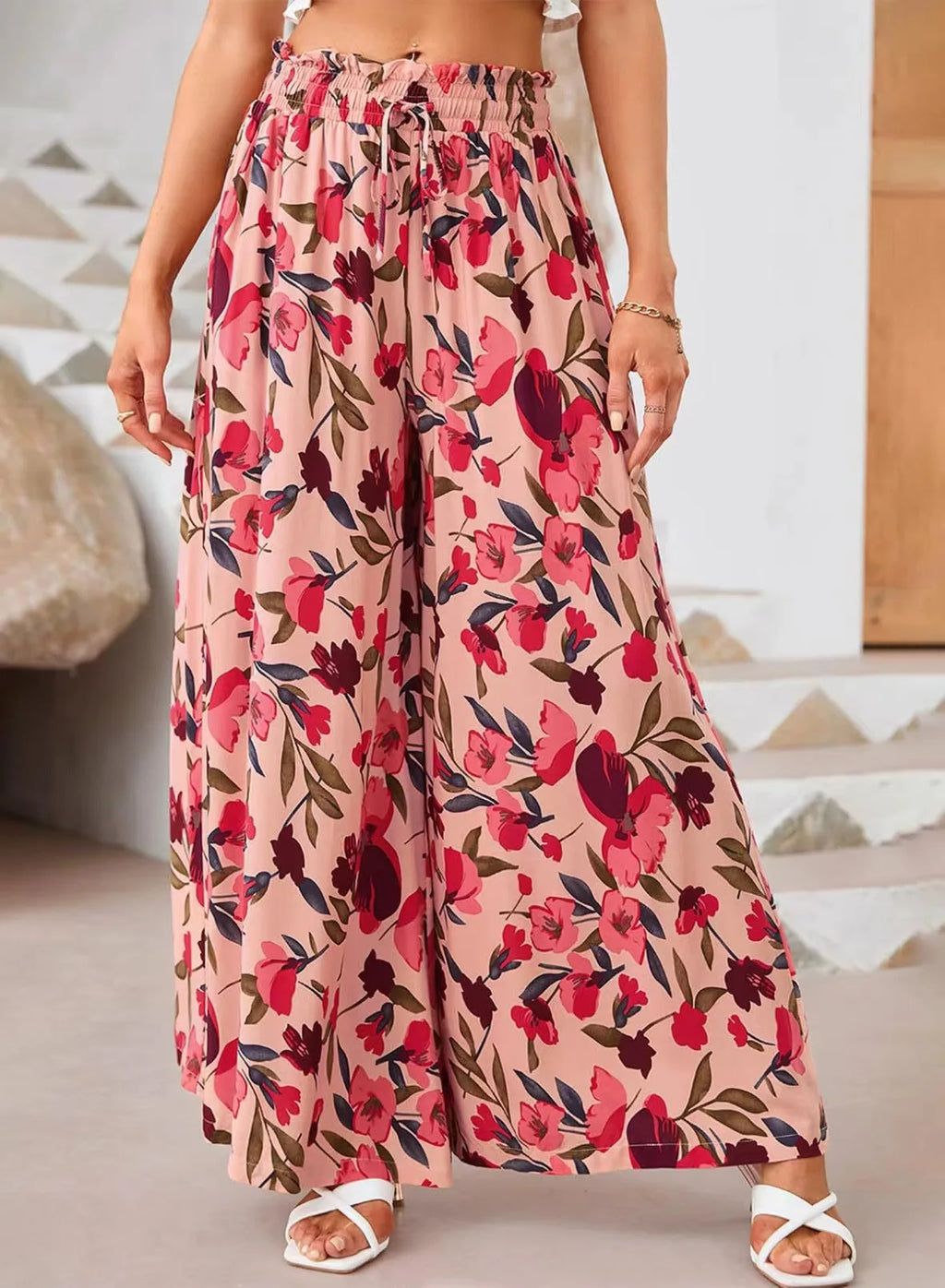 Pant Women Wide Leg Long Pants Print Floral Elastic Waist Straight Trousers Y2k Streetwear Elegant Maxi Capris Loose Summer