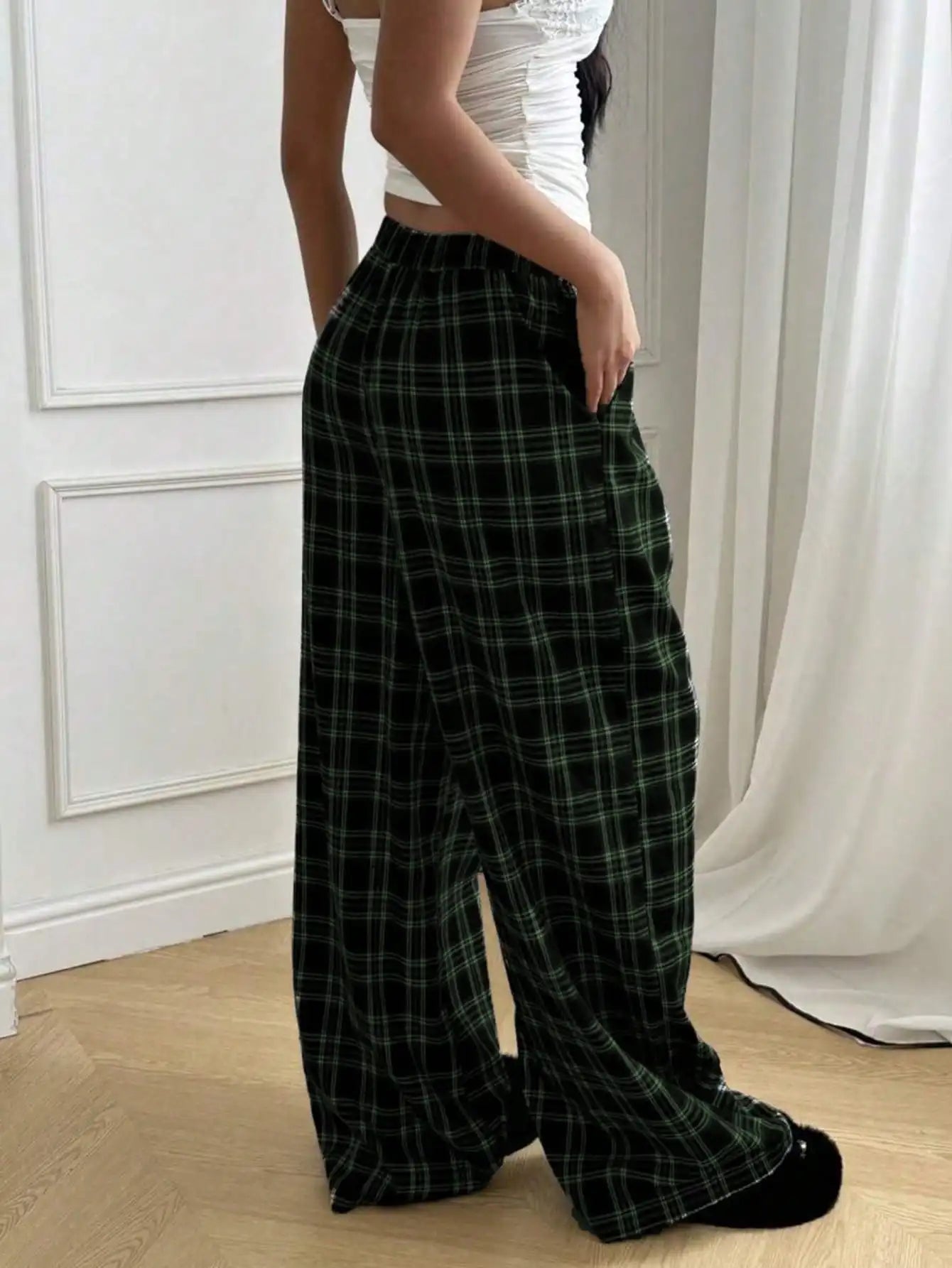 Plaid Pants for Women, High Waist Drawstring Wide Leg Trousers, Casual Streetwear Lounge Pants