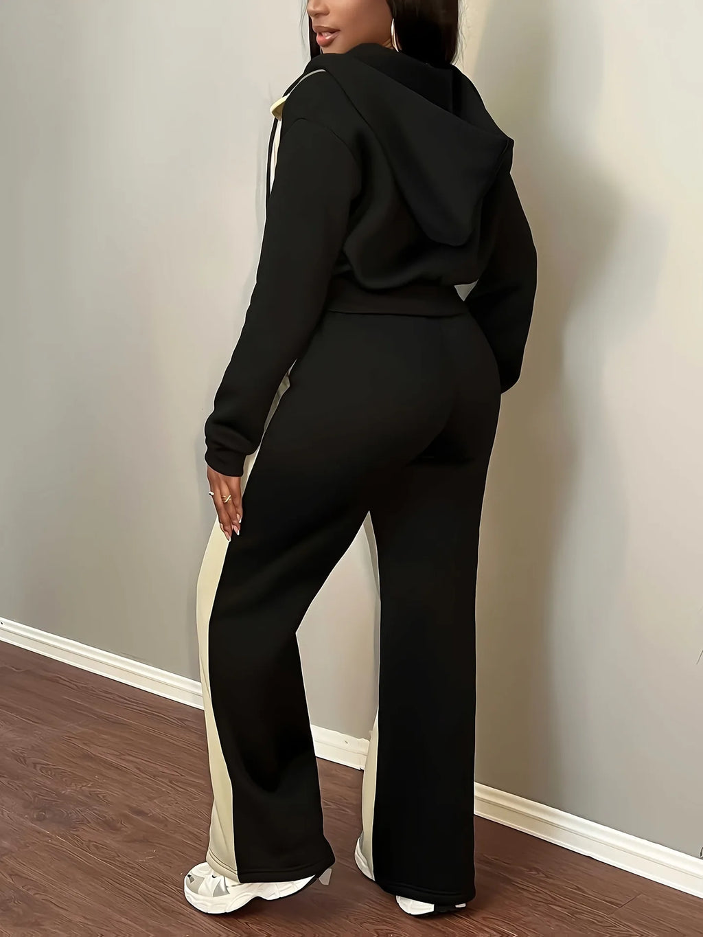 Pant Set Women Hooded Tops Zipper 2 Piece Sets Patchwork Full Sleeve Shirt Wide Leg Long Pants Y2k Streetwear Work Sport Autumn