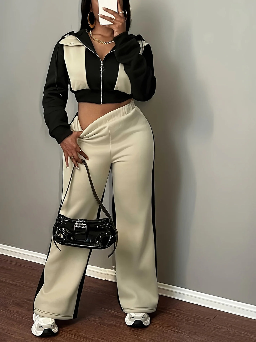 Pant Set Women Hooded Tops Zipper 2 Piece Sets Patchwork Full Sleeve Shirt Wide Leg Long Pants Y2k Streetwear Work Sport Autumn
