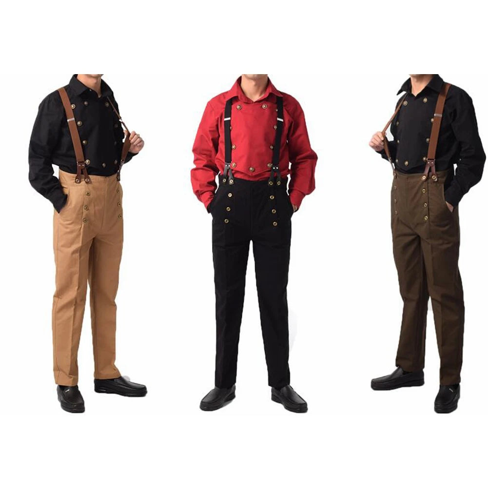 Steampunk Victorian Pants For Men Historical High Waist Fall Front Trousers Retro Medieval Suspenders Overalls