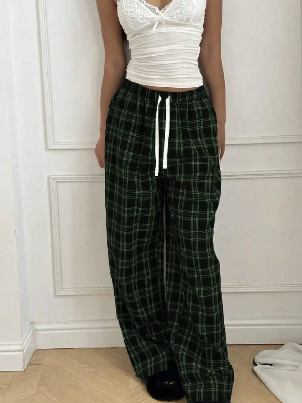 Plaid Pants for Women, High Waist Drawstring Wide Leg Trousers, Casual Streetwear Lounge Pants