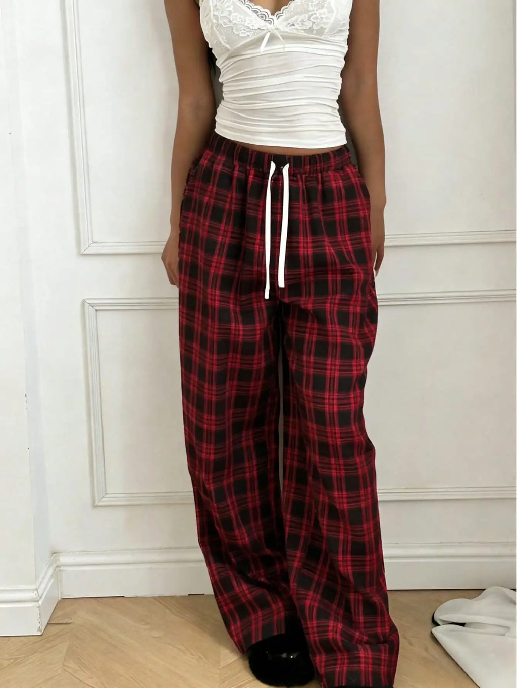 Plaid Pants for Women, High Waist Drawstring Wide Leg Trousers, Casual Streetwear Lounge Pants