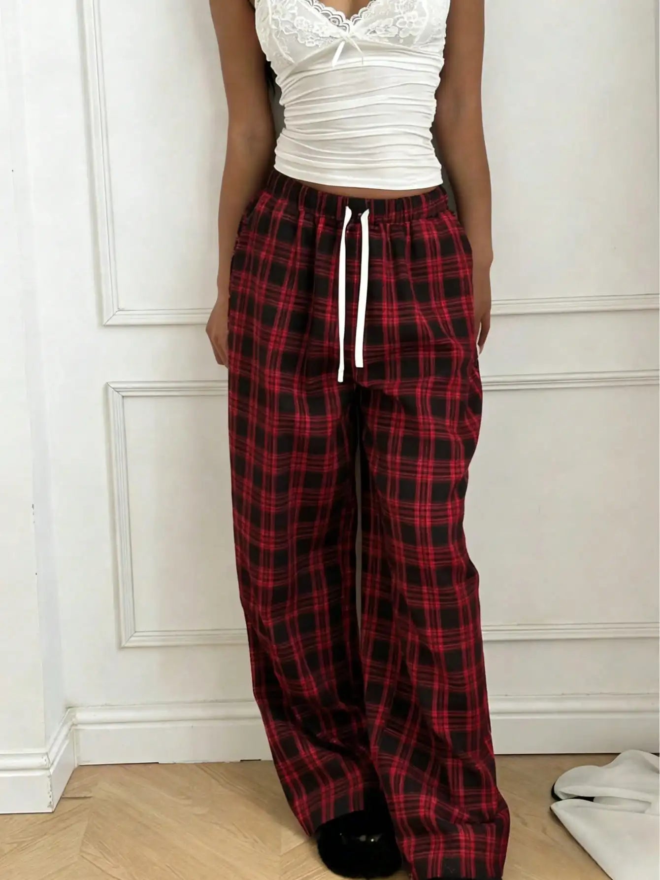 Plaid Pants for Women, High Waist Drawstring Wide Leg Trousers, Casual Streetwear Lounge Pants