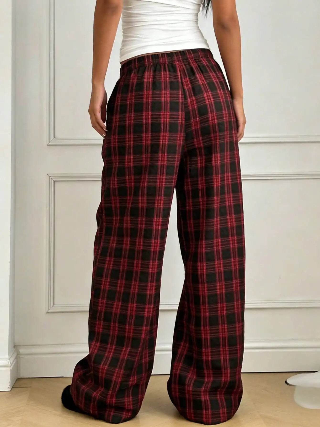 Plaid Pants for Women, High Waist Drawstring Wide Leg Trousers, Casual Streetwear Lounge Pants