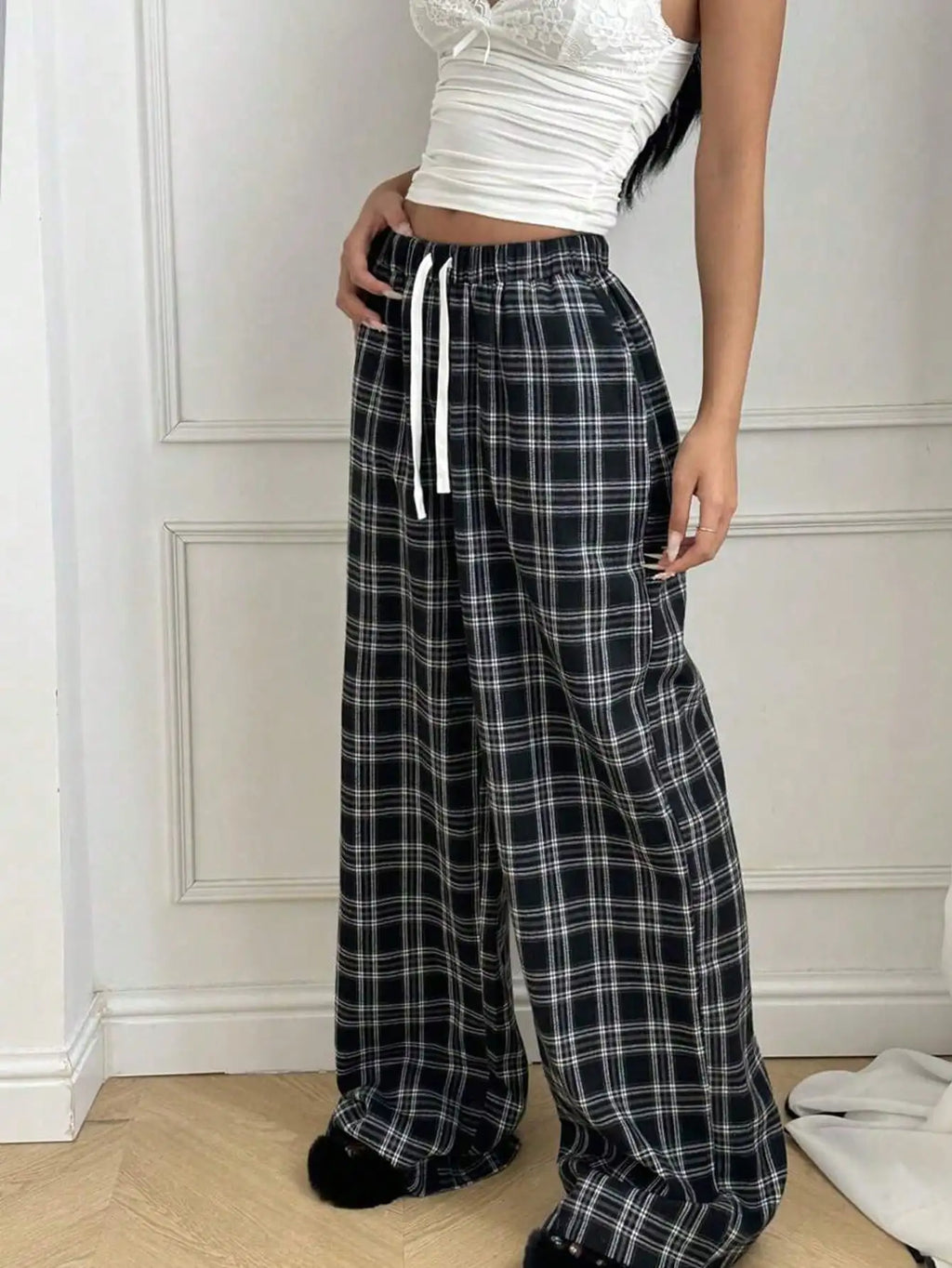 Plaid Pants for Women, High Waist Drawstring Wide Leg Trousers, Casual Streetwear Lounge Pants