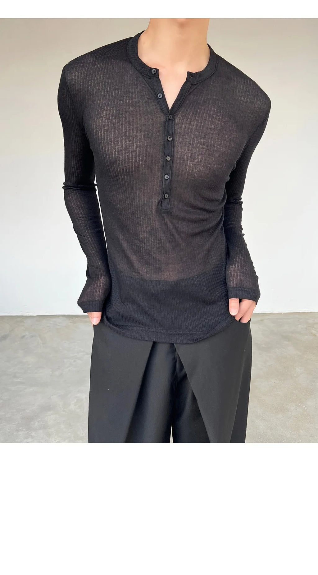Long-sleeved T-shirt Men's Fashionable New Summer Thin See-through Elastic Deep V Bottoming Shirt Pink Slim-fitting And Thin Des