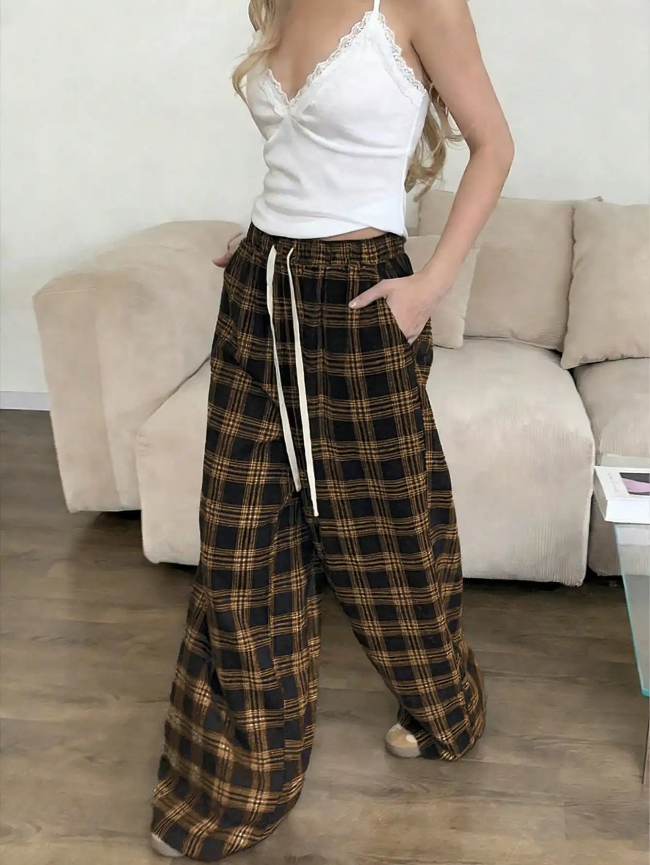 Plaid Pants for Women, High Waist Drawstring Wide Leg Trousers, Casual Streetwear Lounge Pants