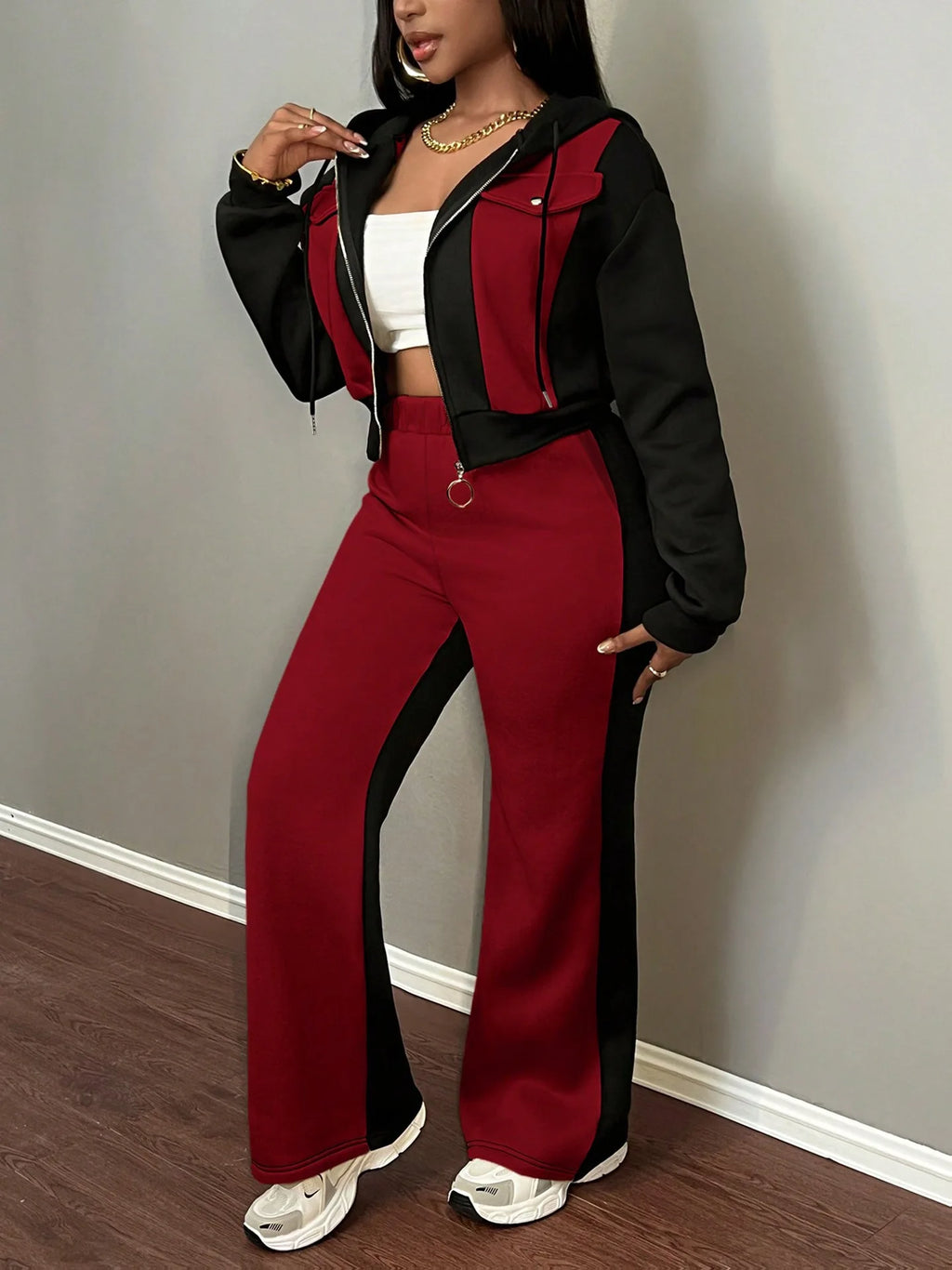 Pant Set Women Hooded Tops Zipper 2 Piece Sets Patchwork Full Sleeve Shirt Wide Leg Long Pants Y2k Streetwear Work Sport Autumn