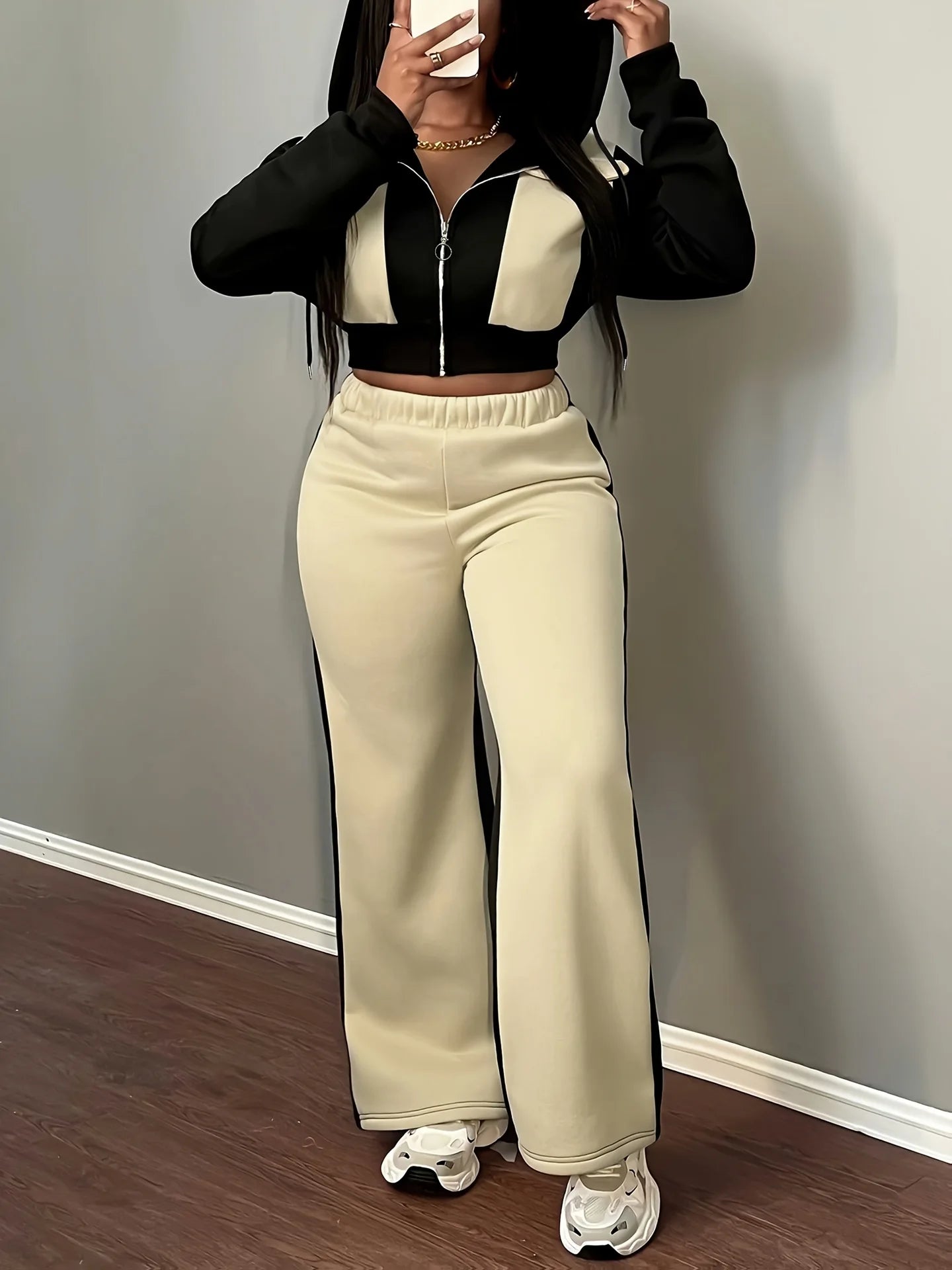Pant Set Women Hooded Tops Zipper 2 Piece Sets Patchwork Full Sleeve Shirt Wide Leg Long Pants Y2k Streetwear Work Sport Autumn