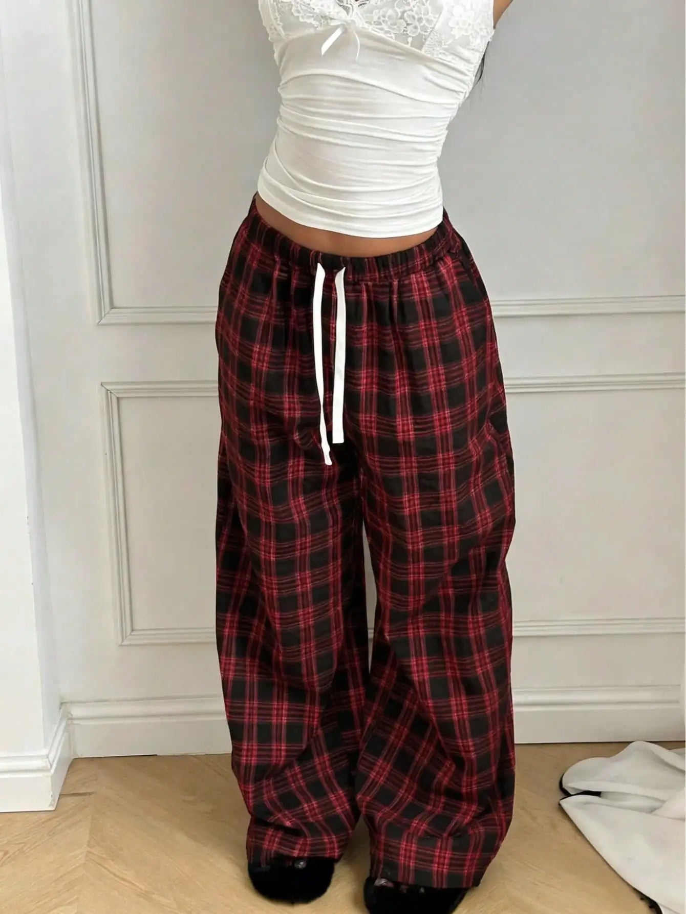 Plaid Pants for Women, High Waist Drawstring Wide Leg Trousers, Casual Streetwear Lounge Pants