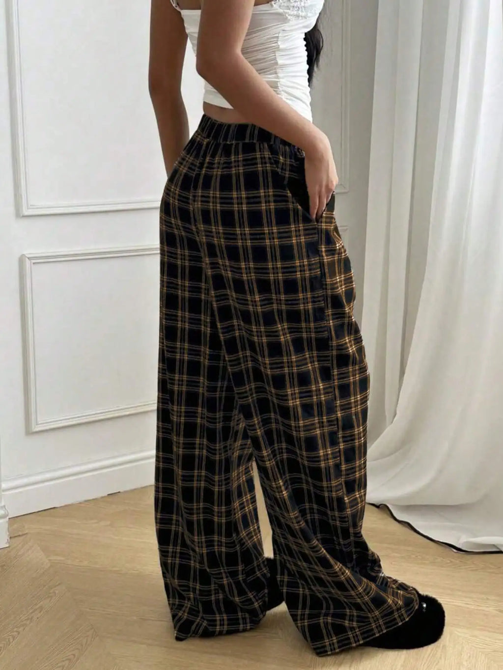 Plaid Pants for Women, High Waist Drawstring Wide Leg Trousers, Casual Streetwear Lounge Pants