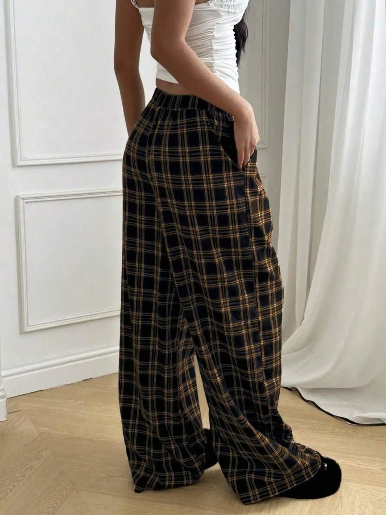 Plaid Pants for Women, High Waist Drawstring Wide Leg Trousers, Casual Streetwear Lounge Pants