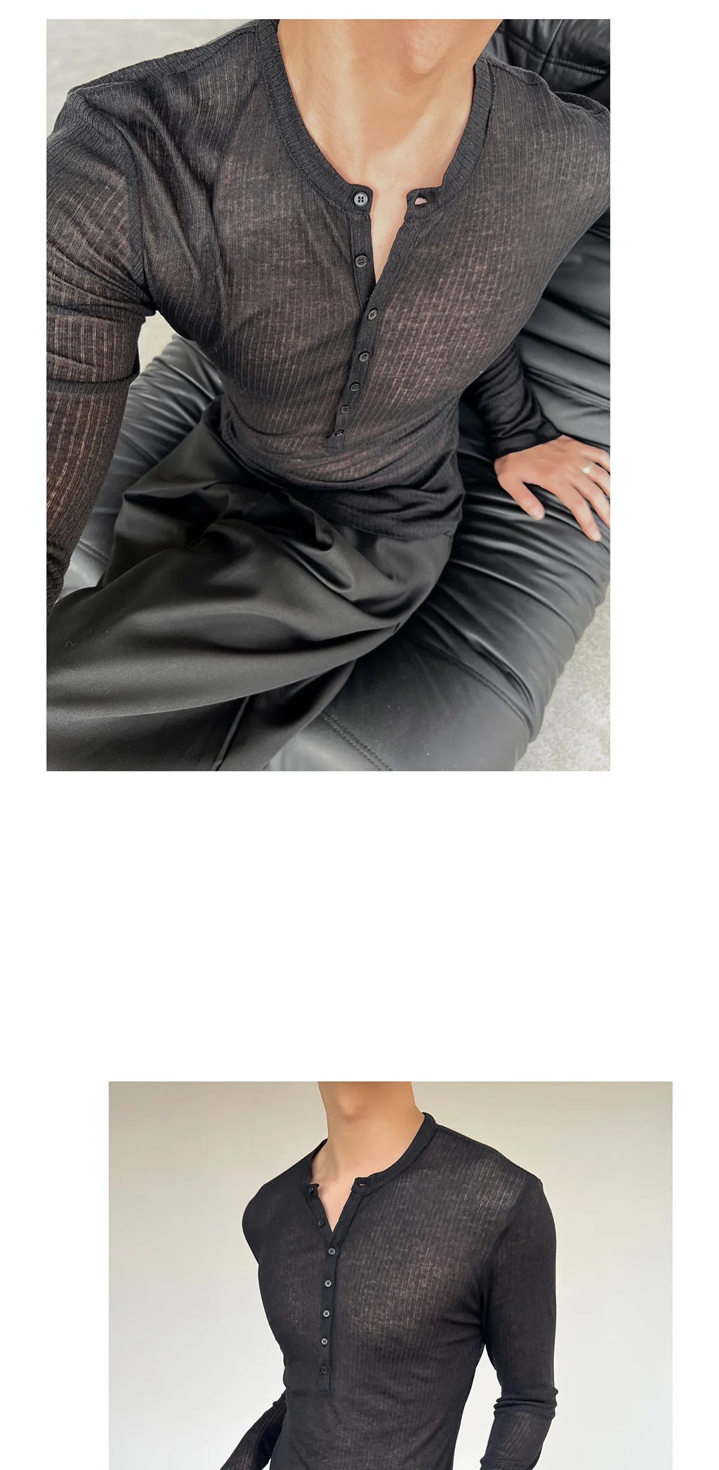 Long-sleeved T-shirt Men's Fashionable New Summer Thin See-through Elastic Deep V Bottoming Shirt Pink Slim-fitting And Thin Des