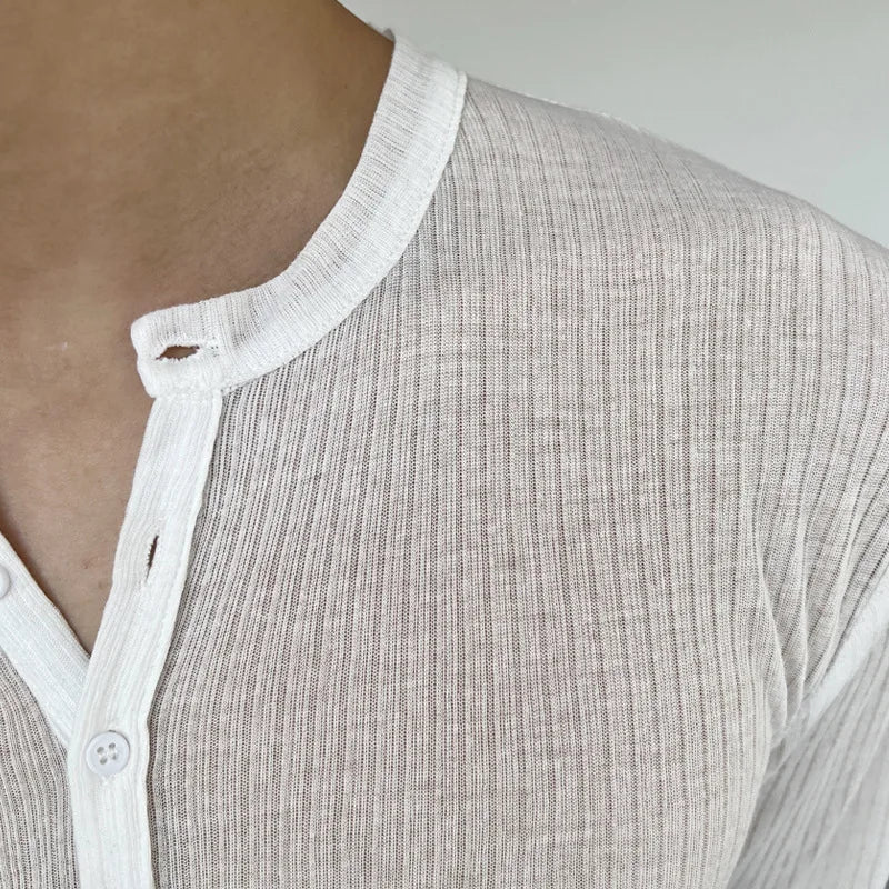 Long-sleeved T-shirt Men's Fashionable New Summer Thin See-through Elastic Deep V Bottoming Shirt Pink Slim-fitting And Thin Des