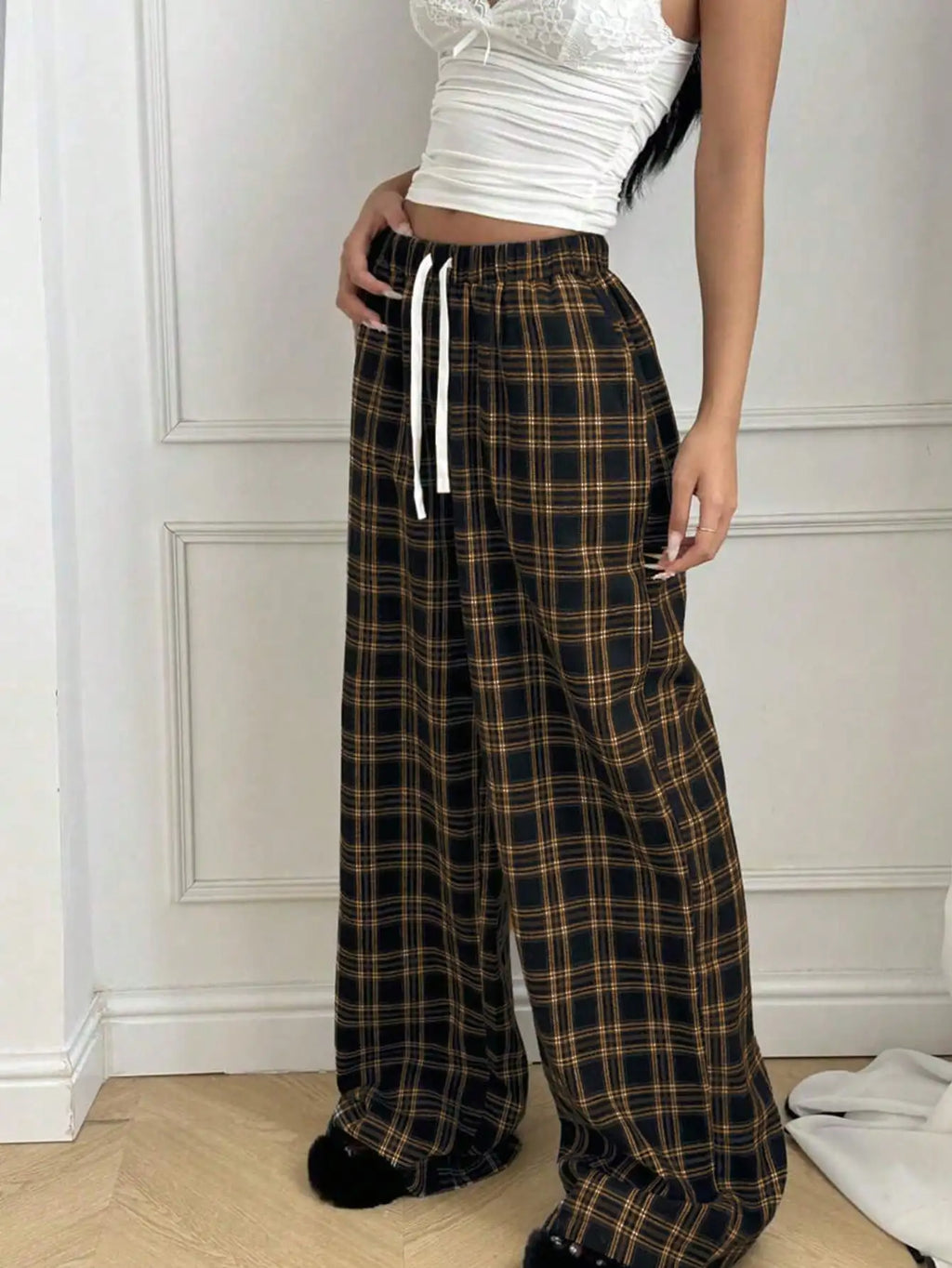 Plaid Pants for Women, High Waist Drawstring Wide Leg Trousers, Casual Streetwear Lounge Pants