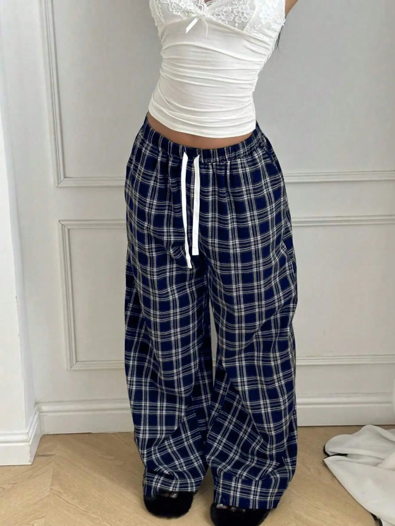 Plaid Pants for Women, High Waist Drawstring Wide Leg Trousers, Casual Streetwear Lounge Pants