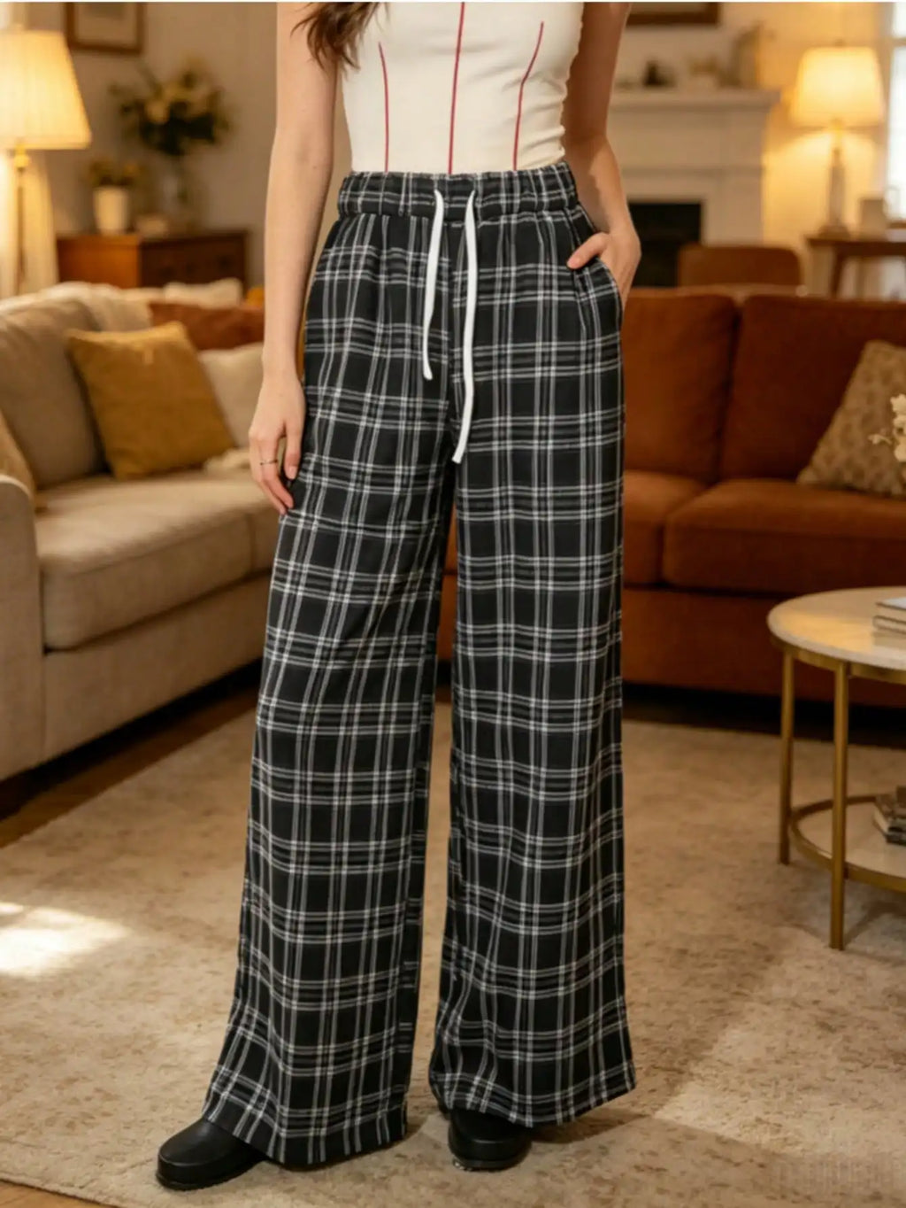 Plaid Pants for Women, High Waist Drawstring Wide Leg Trousers, Casual Streetwear Lounge Pants
