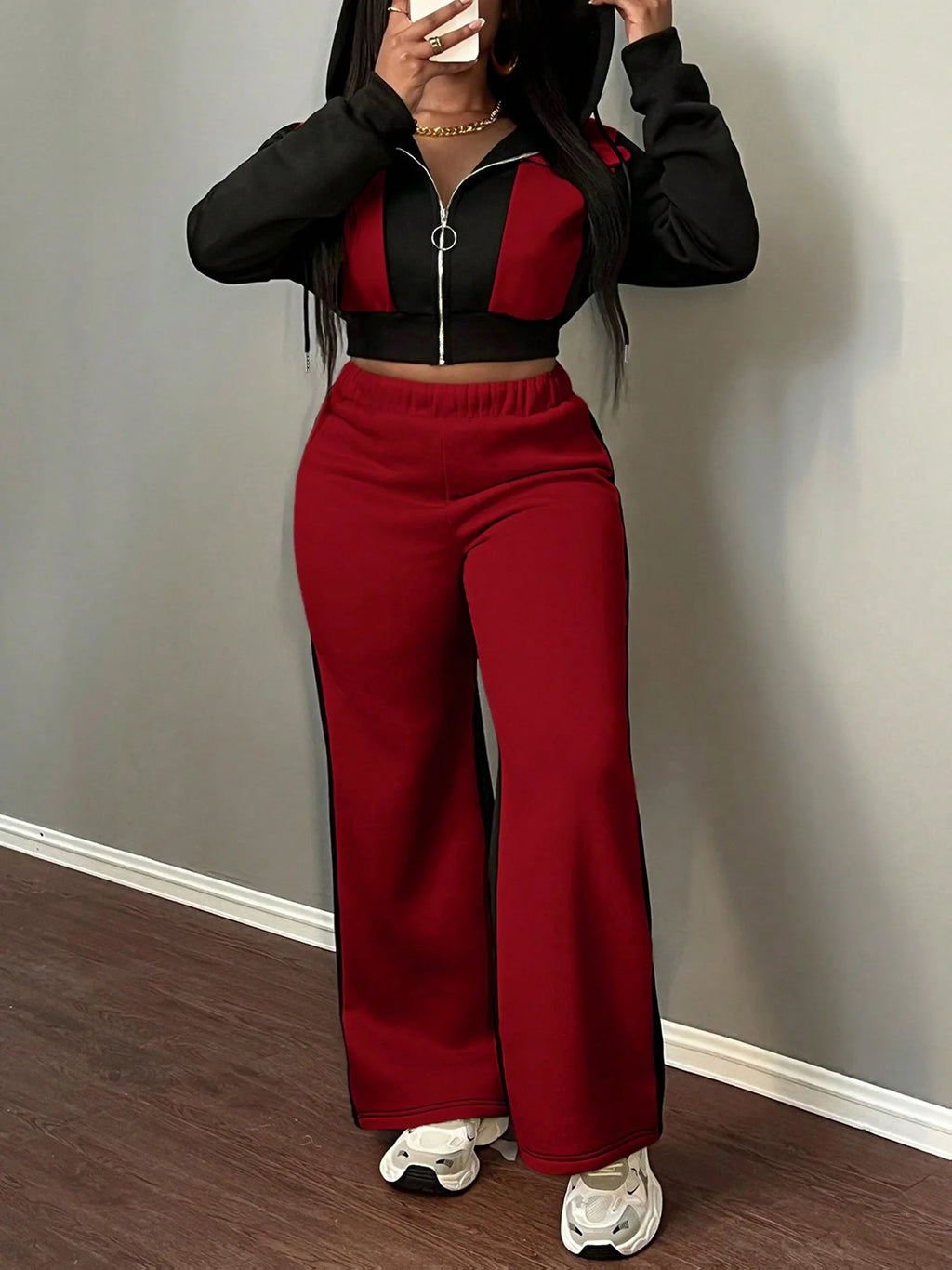 Pant Set Women Hooded Tops Zipper 2 Piece Sets Patchwork Full Sleeve Shirt Wide Leg Long Pants Y2k Streetwear Work Sport Autumn