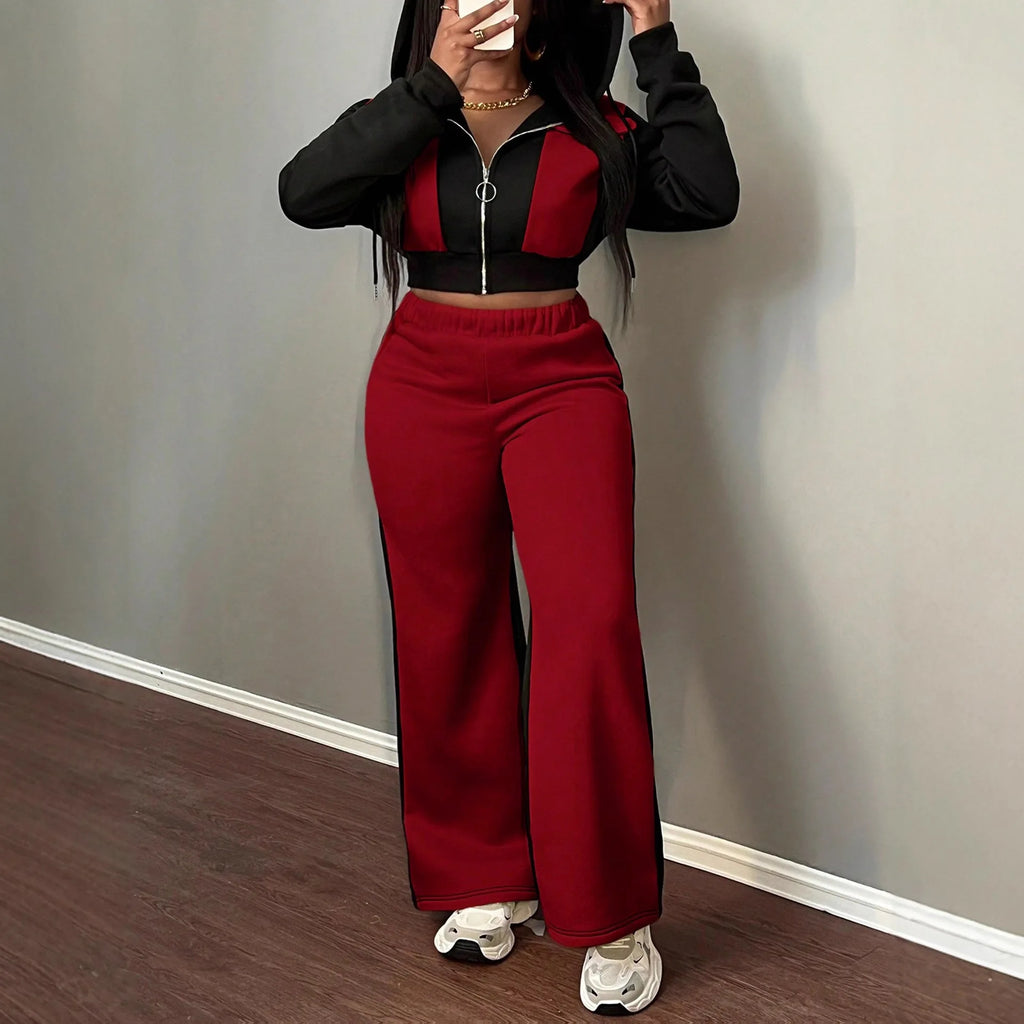Pant Set Women Hooded Tops Zipper 2 Piece Sets Patchwork Full Sleeve Shirt Wide Leg Long Pants Y2k Streetwear Work Sport Autumn