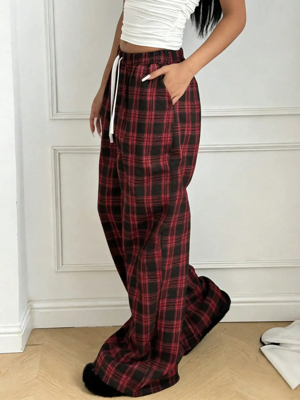 Plaid Pants for Women, High Waist Drawstring Wide Leg Trousers, Casual Streetwear Lounge Pants