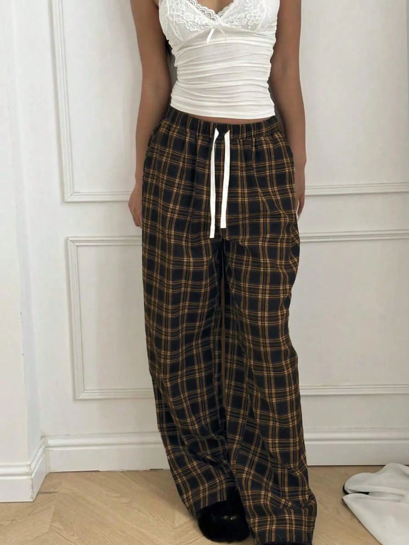 Plaid Pants for Women, High Waist Drawstring Wide Leg Trousers, Casual Streetwear Lounge Pants