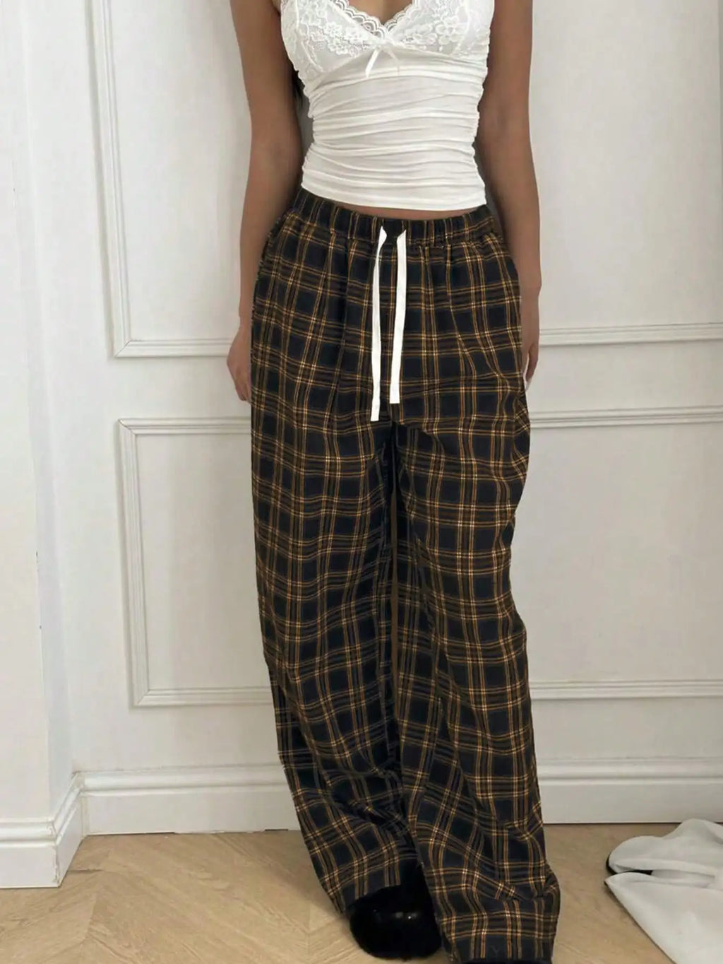 Plaid Pants for Women, High Waist Drawstring Wide Leg Trousers, Casual Streetwear Lounge Pants