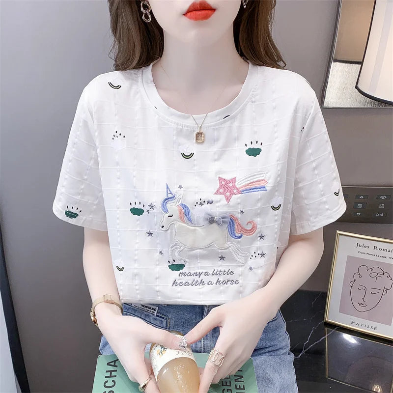 Short-sleeved T-shirt for women 2025 summer new embroidered loose versatile fashionable round neck printed pullover top