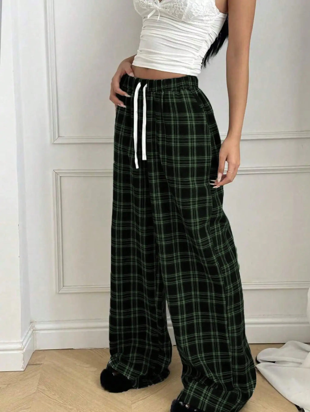 Plaid Pants for Women, High Waist Drawstring Wide Leg Trousers, Casual Streetwear Lounge Pants