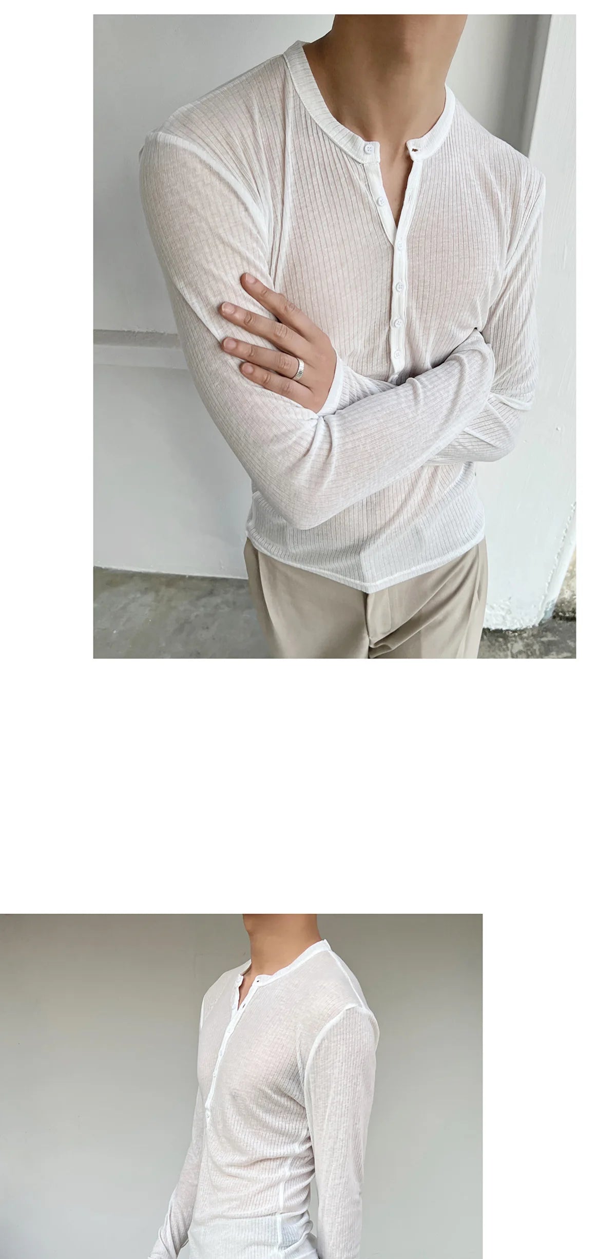 Long-sleeved T-shirt Men's Fashionable New Summer Thin See-through Elastic Deep V Bottoming Shirt Pink Slim-fitting And Thin Des