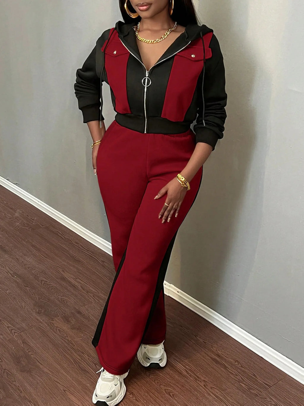 Pant Set Women Hooded Tops Zipper 2 Piece Sets Patchwork Full Sleeve Shirt Wide Leg Long Pants Y2k Streetwear Work Sport Autumn