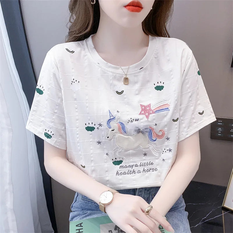 Short-sleeved T-shirt for women 2025 summer new embroidered loose versatile fashionable round neck printed pullover top