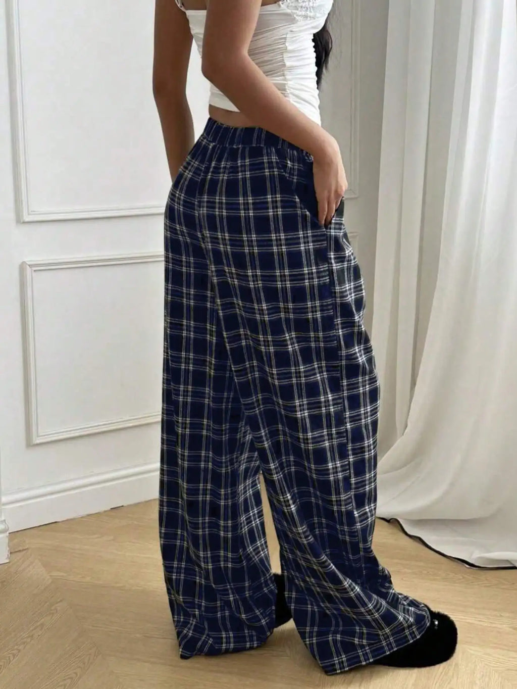 Plaid Pants for Women, High Waist Drawstring Wide Leg Trousers, Casual Streetwear Lounge Pants