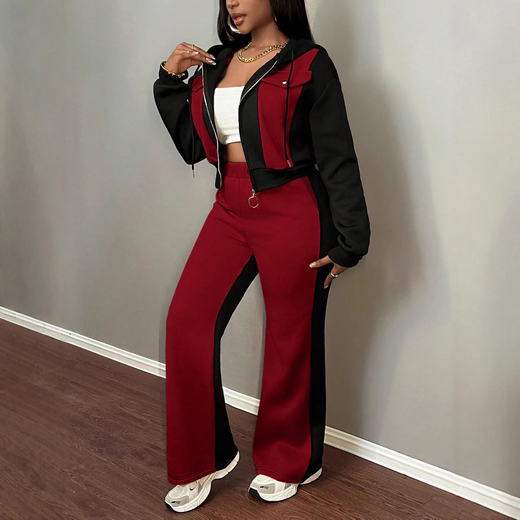 Pant Set Women Hooded Tops Zipper 2 Piece Sets Patchwork Full Sleeve Shirt Wide Leg Long Pants Y2k Streetwear Work Sport Autumn