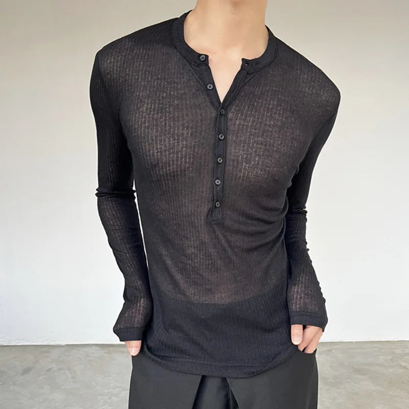Long-sleeved T-shirt Men's Fashionable New Summer Thin See-through Elastic Deep V Bottoming Shirt Pink Slim-fitting And Thin Des