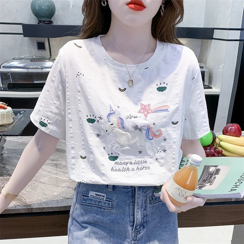 Short-sleeved T-shirt for women 2025 summer new embroidered loose versatile fashionable round neck printed pullover top