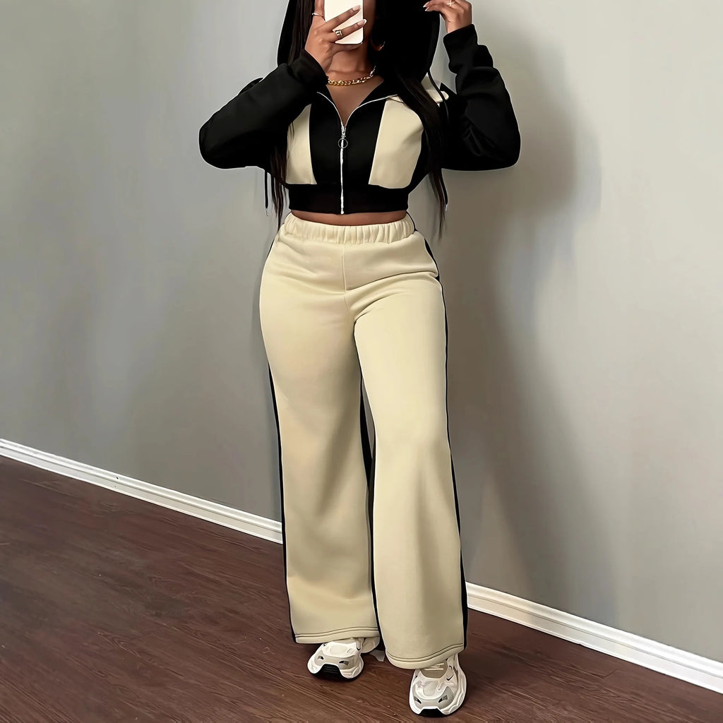 Pant Set Women Hooded Tops Zipper 2 Piece Sets Patchwork Full Sleeve Shirt Wide Leg Long Pants Y2k Streetwear Work Sport Autumn