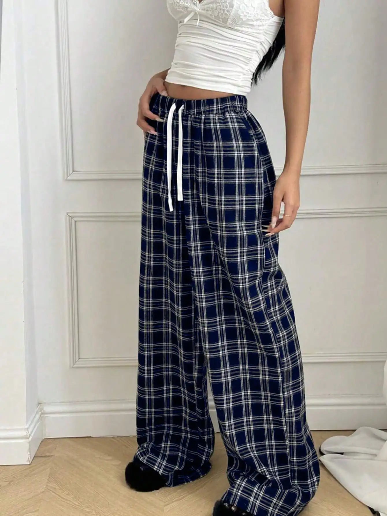Plaid Pants for Women, High Waist Drawstring Wide Leg Trousers, Casual Streetwear Lounge Pants