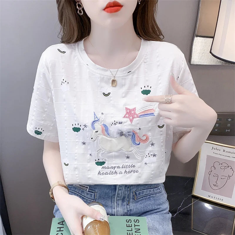 Short-sleeved T-shirt for women 2025 summer new embroidered loose versatile fashionable round neck printed pullover top