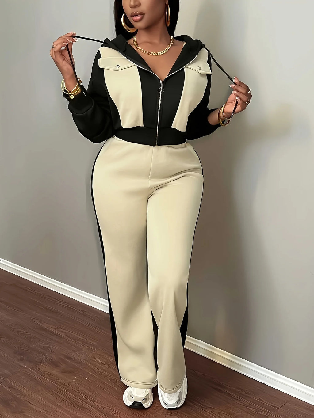 Pant Set Women Hooded Tops Zipper 2 Piece Sets Patchwork Full Sleeve Shirt Wide Leg Long Pants Y2k Streetwear Work Sport Autumn