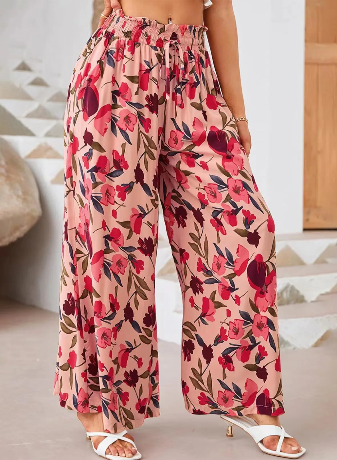 Pant Women Wide Leg Long Pants Print Floral Elastic Waist Straight Trousers Y2k Streetwear Elegant Maxi Capris Loose Summer