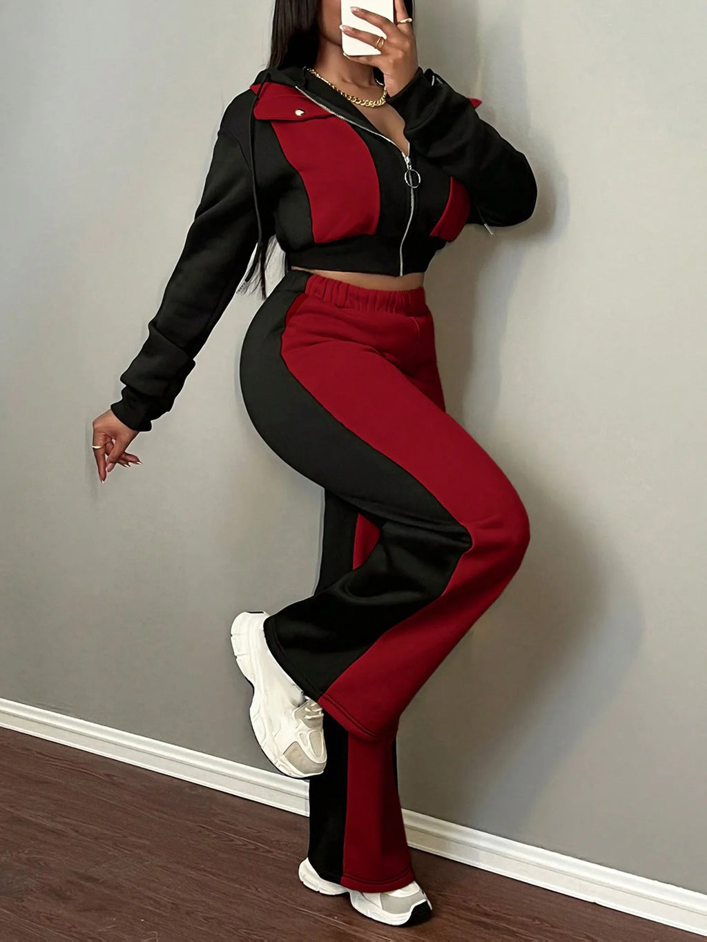 Pant Set Women Hooded Tops Zipper 2 Piece Sets Patchwork Full Sleeve Shirt Wide Leg Long Pants Y2k Streetwear Work Sport Autumn