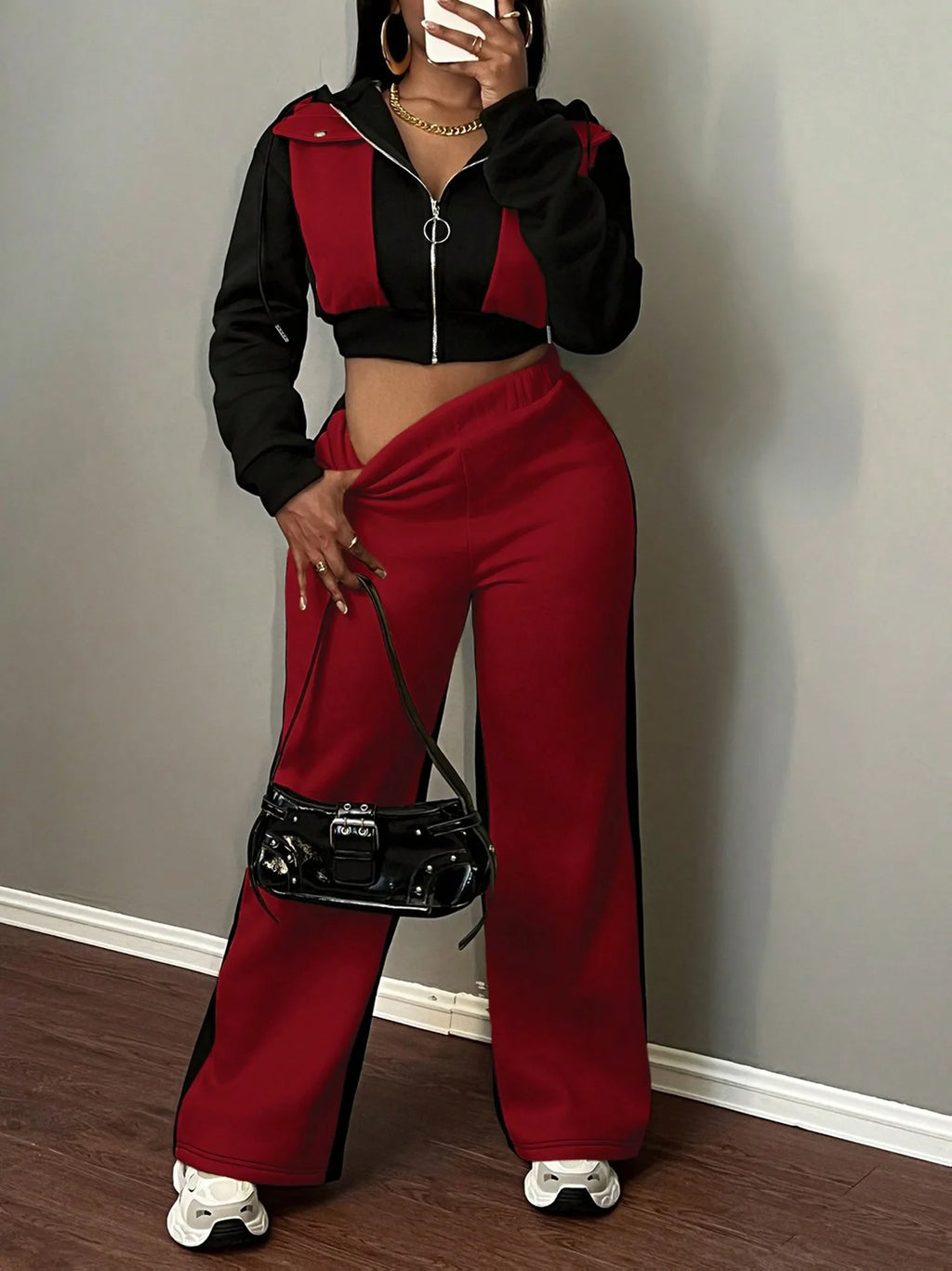 Pant Set Women Hooded Tops Zipper 2 Piece Sets Patchwork Full Sleeve Shirt Wide Leg Long Pants Y2k Streetwear Work Sport Autumn