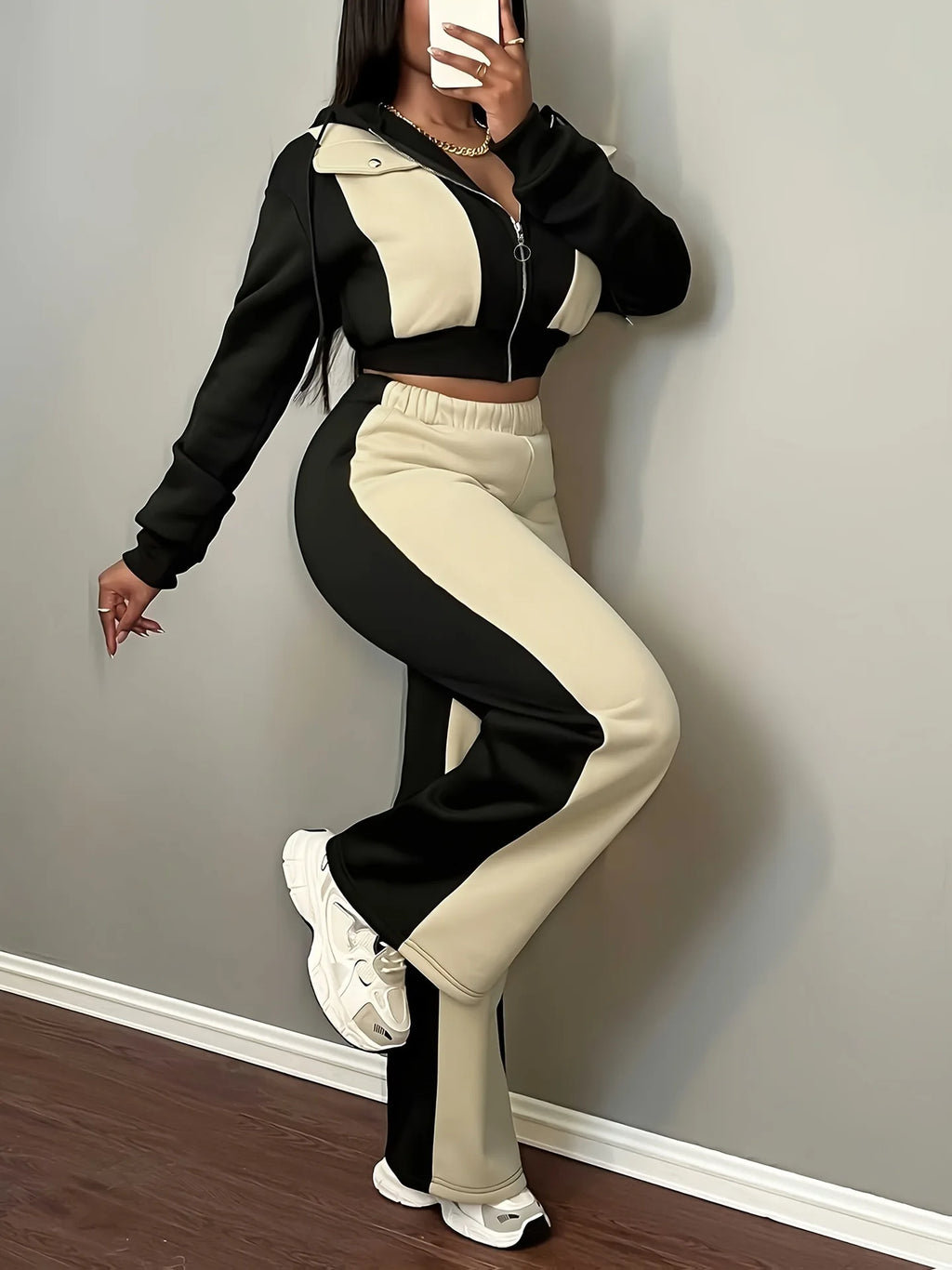 Pant Set Women Hooded Tops Zipper 2 Piece Sets Patchwork Full Sleeve Shirt Wide Leg Long Pants Y2k Streetwear Work Sport Autumn