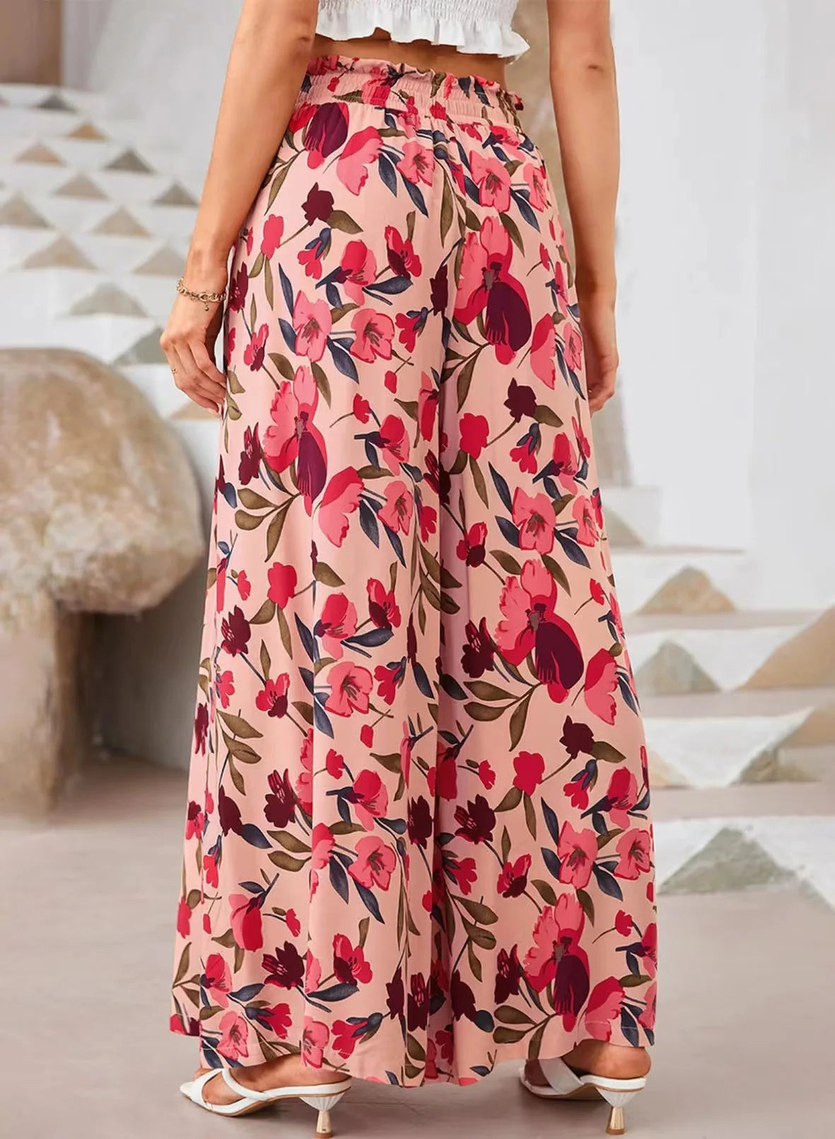 Pant Women Wide Leg Long Pants Print Floral Elastic Waist Straight Trousers Y2k Streetwear Elegant Maxi Capris Loose Summer
