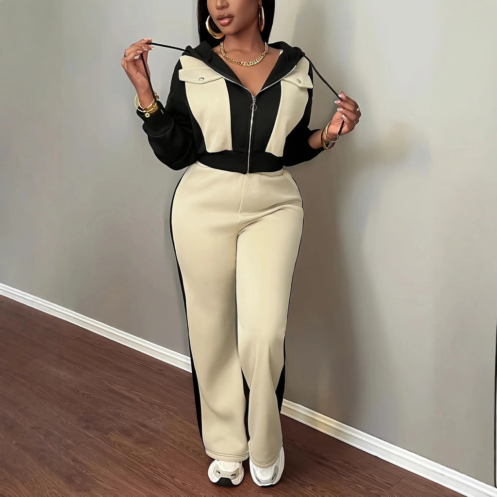 Pant Set Women Hooded Tops Zipper 2 Piece Sets Patchwork Full Sleeve Shirt Wide Leg Long Pants Y2k Streetwear Work Sport Autumn