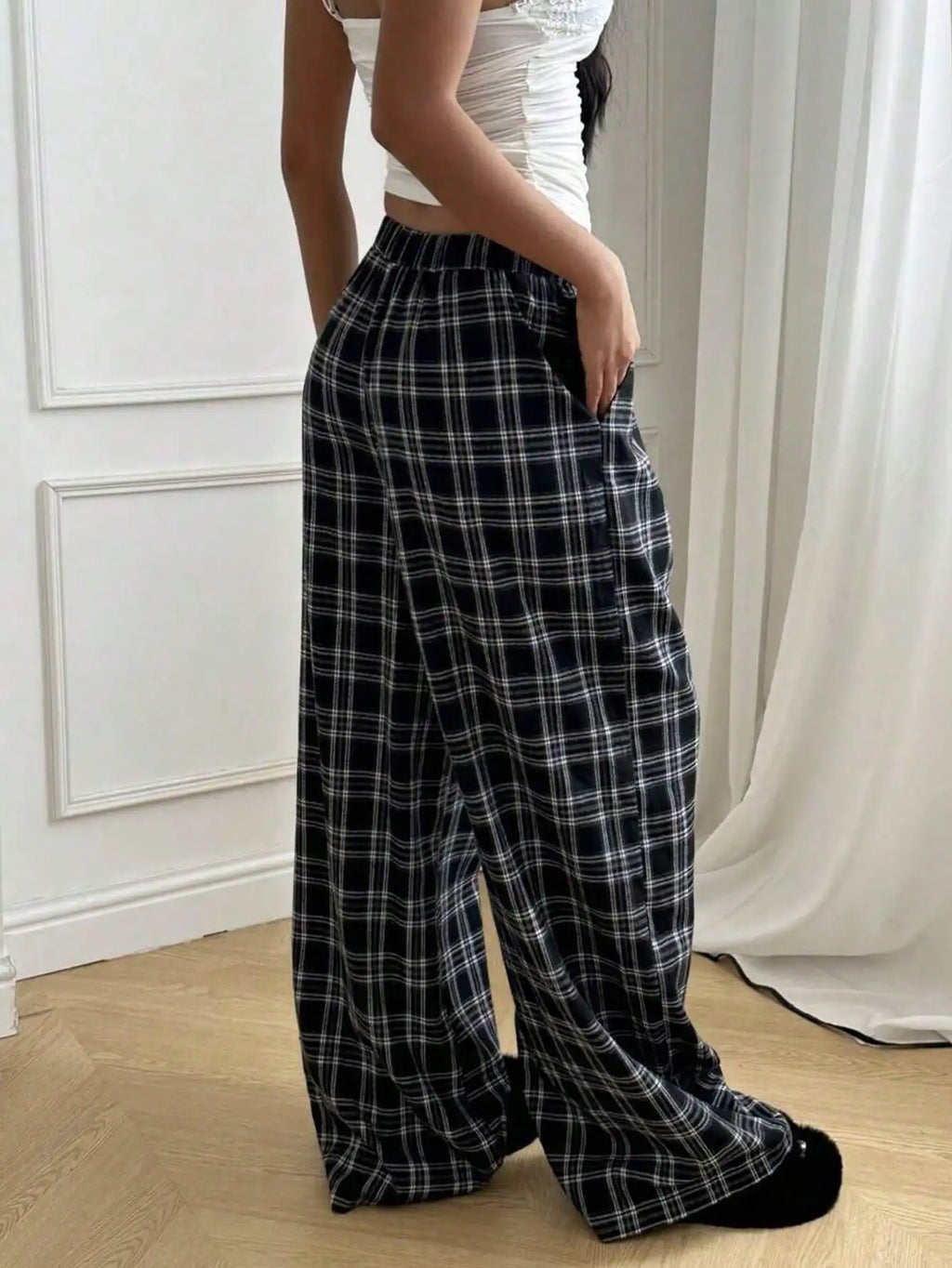 Plaid Pants for Women, High Waist Drawstring Wide Leg Trousers, Casual Streetwear Lounge Pants