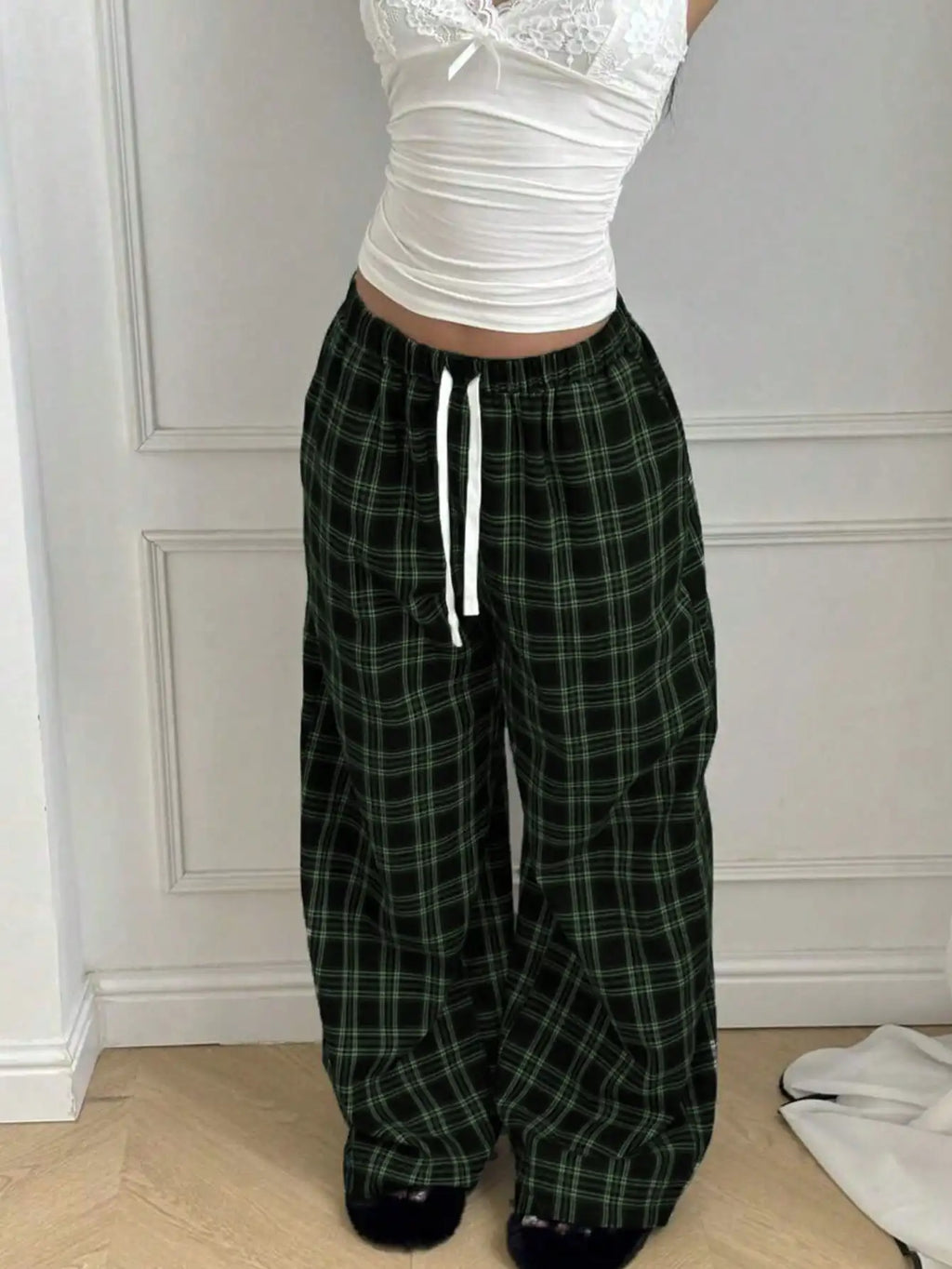 Plaid Pants for Women, High Waist Drawstring Wide Leg Trousers, Casual Streetwear Lounge Pants